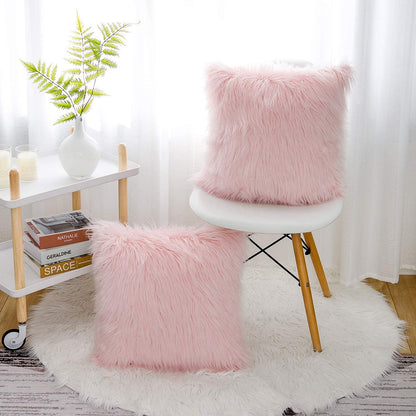 Set of 2 Pink Fluffy Pillow Covers New Luxury Series Merino Style Blush Faux Fur Decorative Throw Pillow Covers Square Fuzzy Cushion Case 18X18 Inch