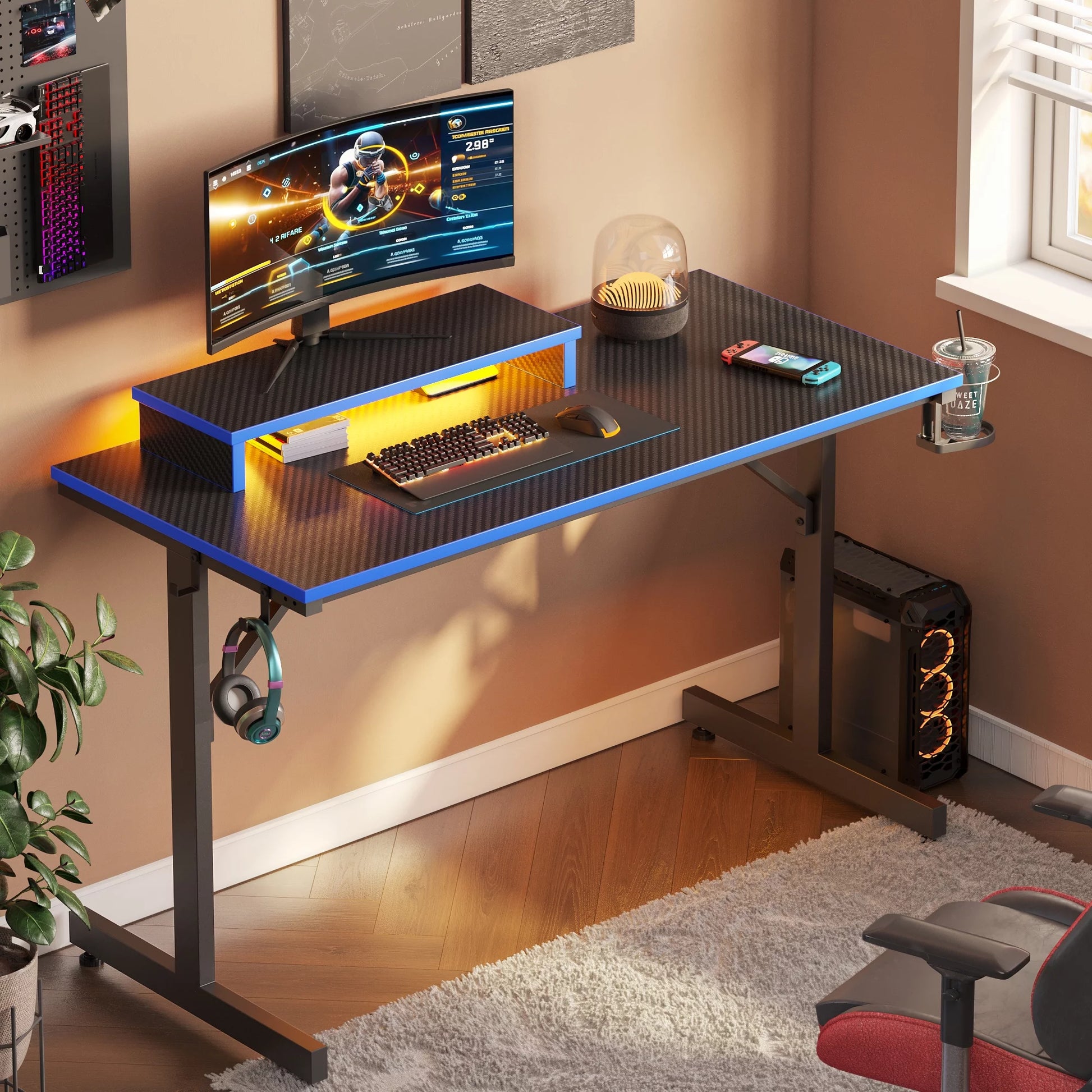 42" Gaming Desk PC Computer Table with LED Lights & Monitor Stand & Hook & Cup Holder in Blue