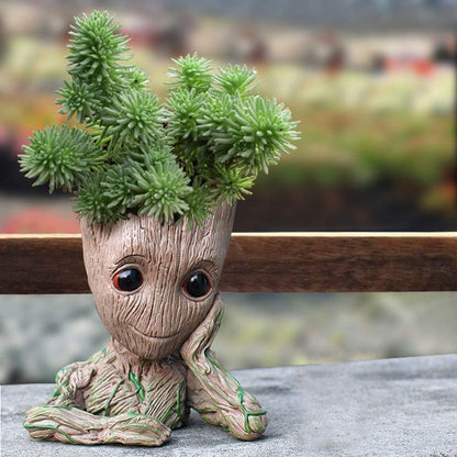 Baby Groot Pen Pot Tree Man Pens Holder or Flower Pot with Drainage Hole Perfect for a Tiny Succulents Plants 6" (Grayish Brown)